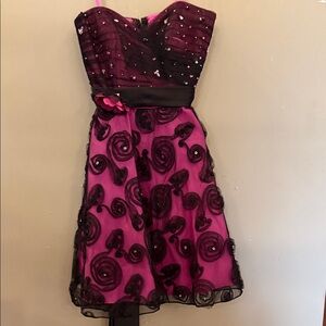 Mori Lee Fuchsia and Black Strapless Mini Dress with Rosette Embellishments